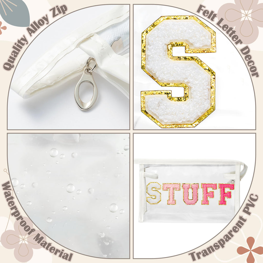 Y1tvei Clear STUFF Makeup Bag - Preppy Patch Rose Red Chenille Varsity Letter PVC Transparent Extra Large Cosmetic Pouch Portabl