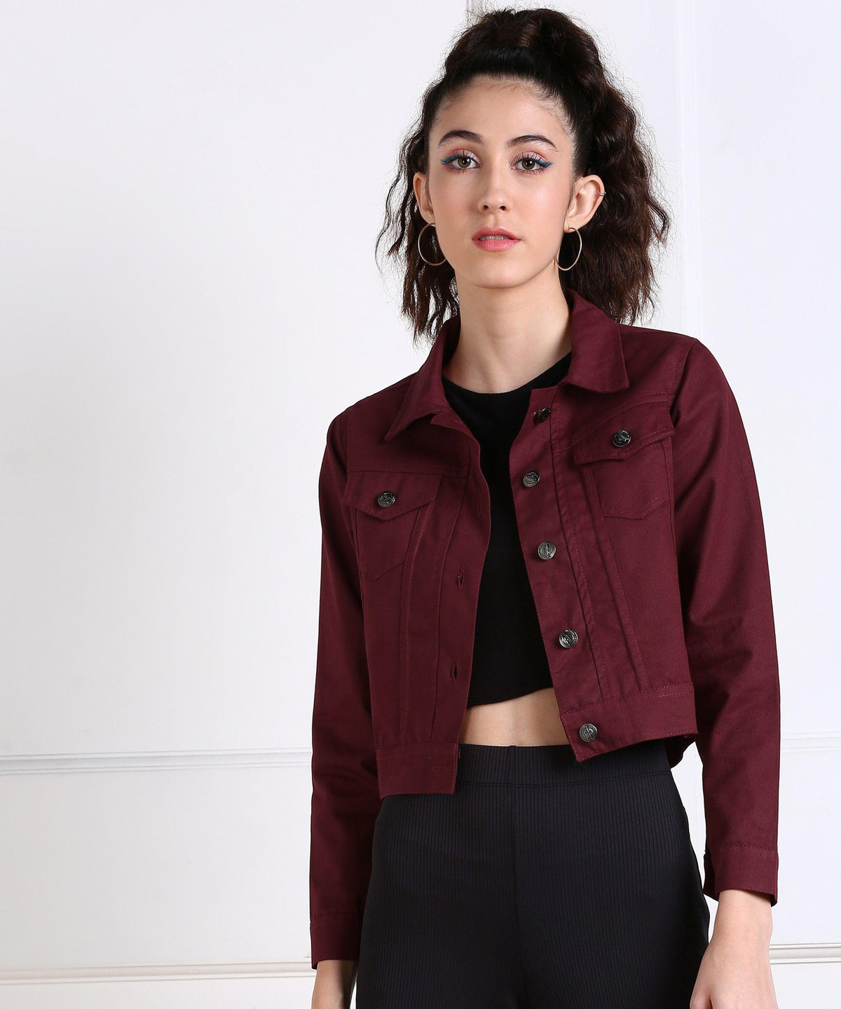 MONTREZ Women Maroon Crop Denim Jacket 2