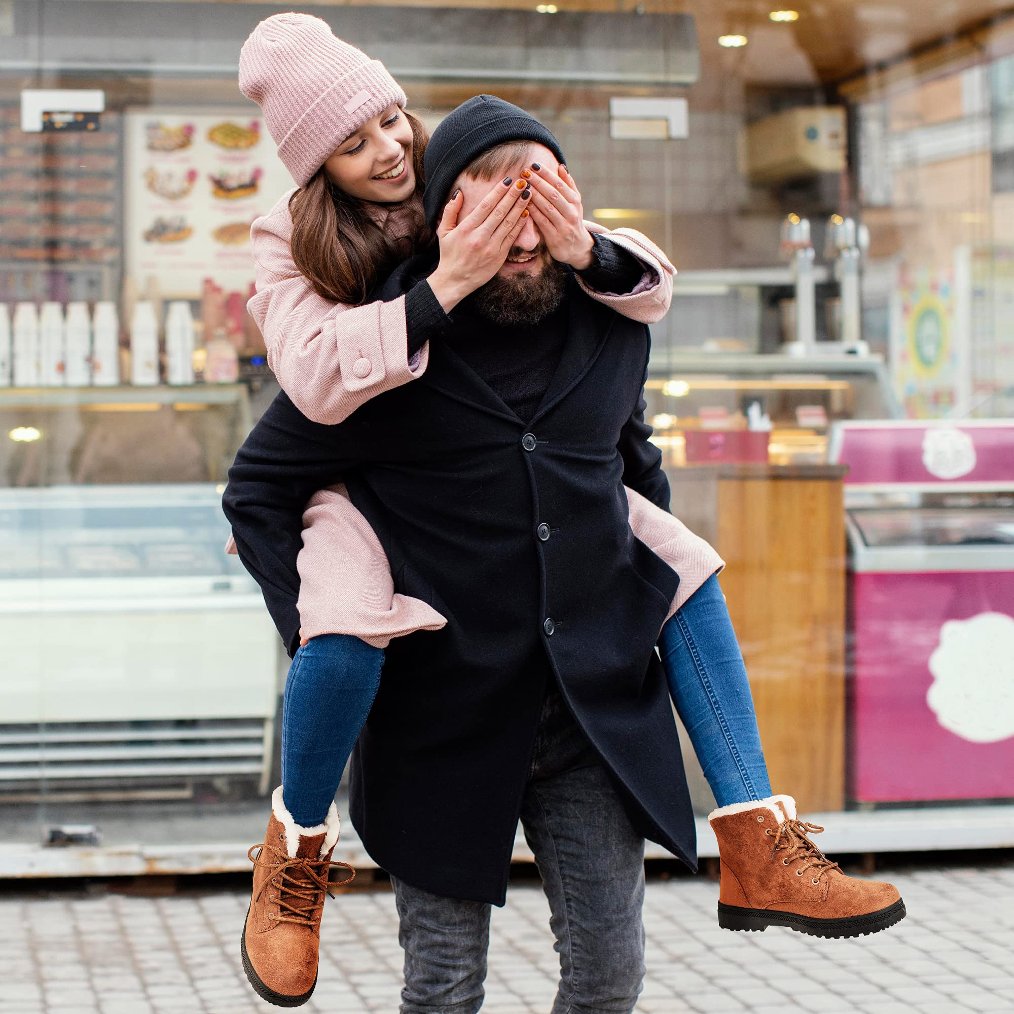 HARENCE Winter Snow Boots for Women Comfortable Outdoor Anti-Slip Ankle Boots Suede Warm Fur Lined Booties Lace Up Flat Platform