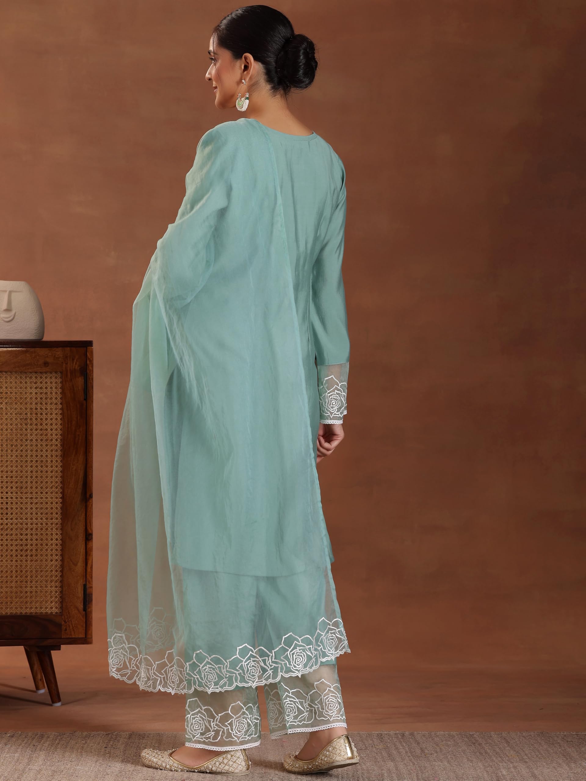 Libas Womens Self Design Silk Blend Straight Kurta With Palazzos And Dupatta