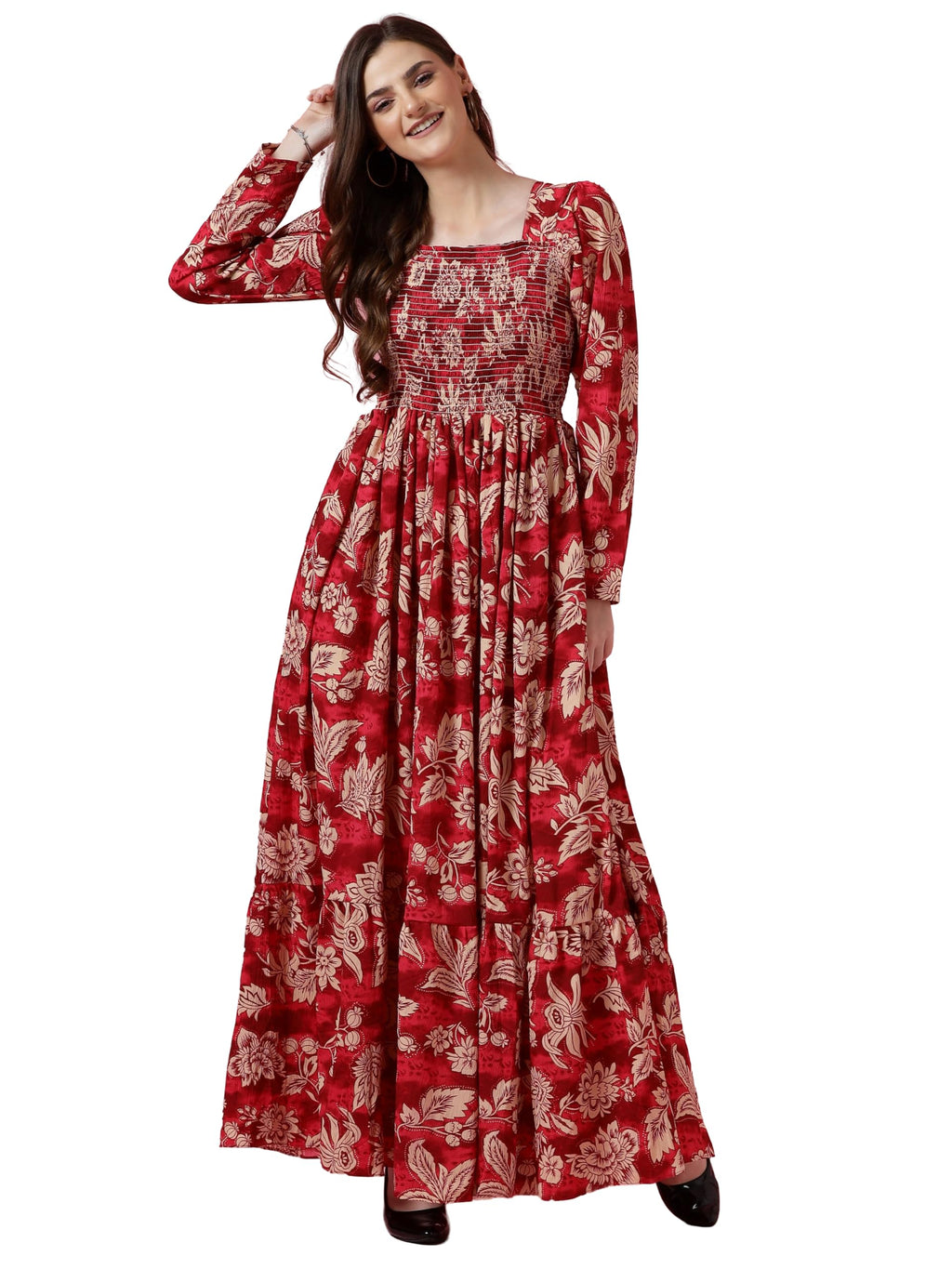 Sheetal Associates Womens Maxi Floral Print Crepe Regular Sleeves Casual Dress Red