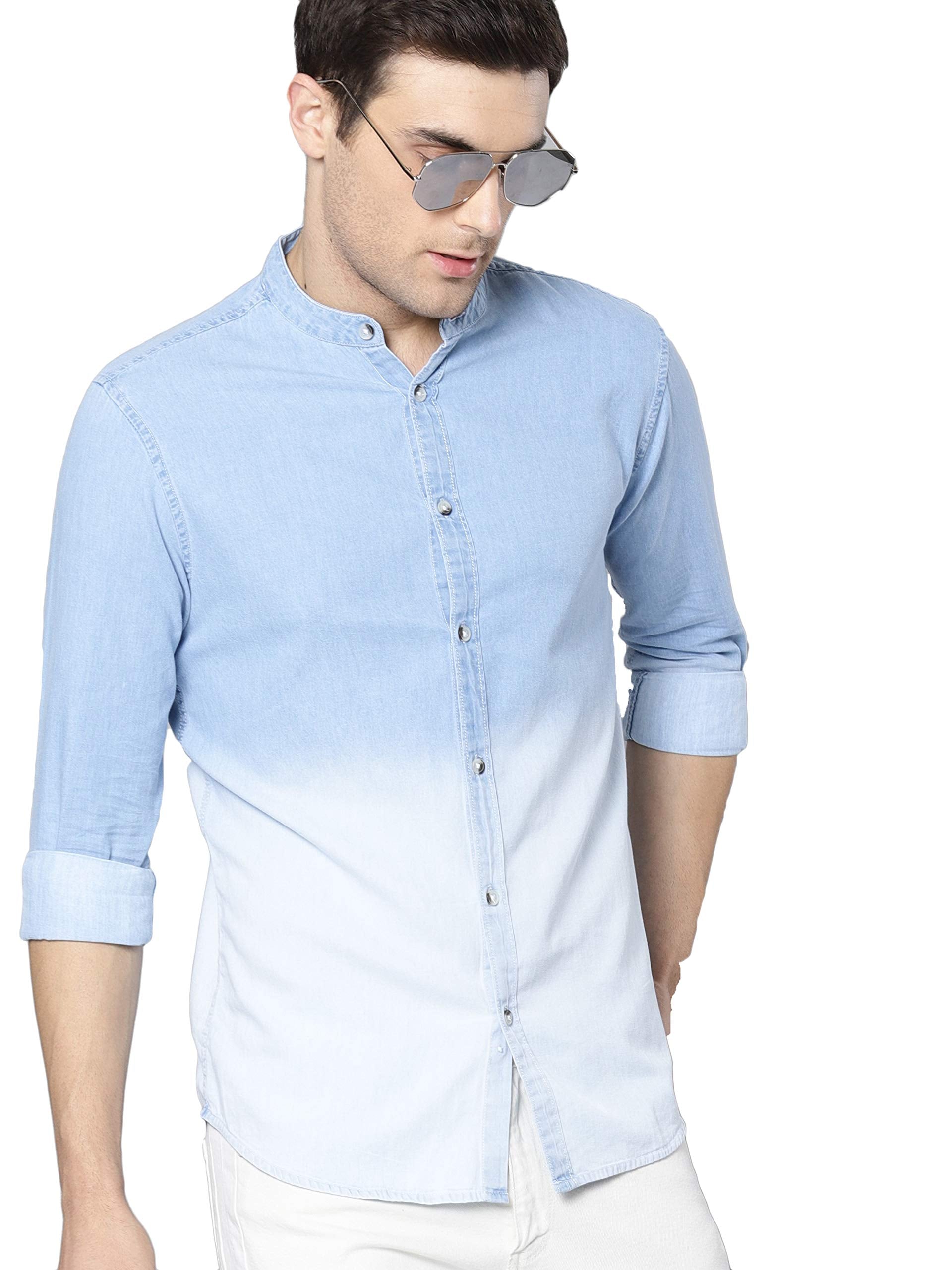 Dennis Lingo Mens Cotton Full Sleeves Cotton Denim Solid Casual Shirt with Mandarin Collar (Light Blue, XL)