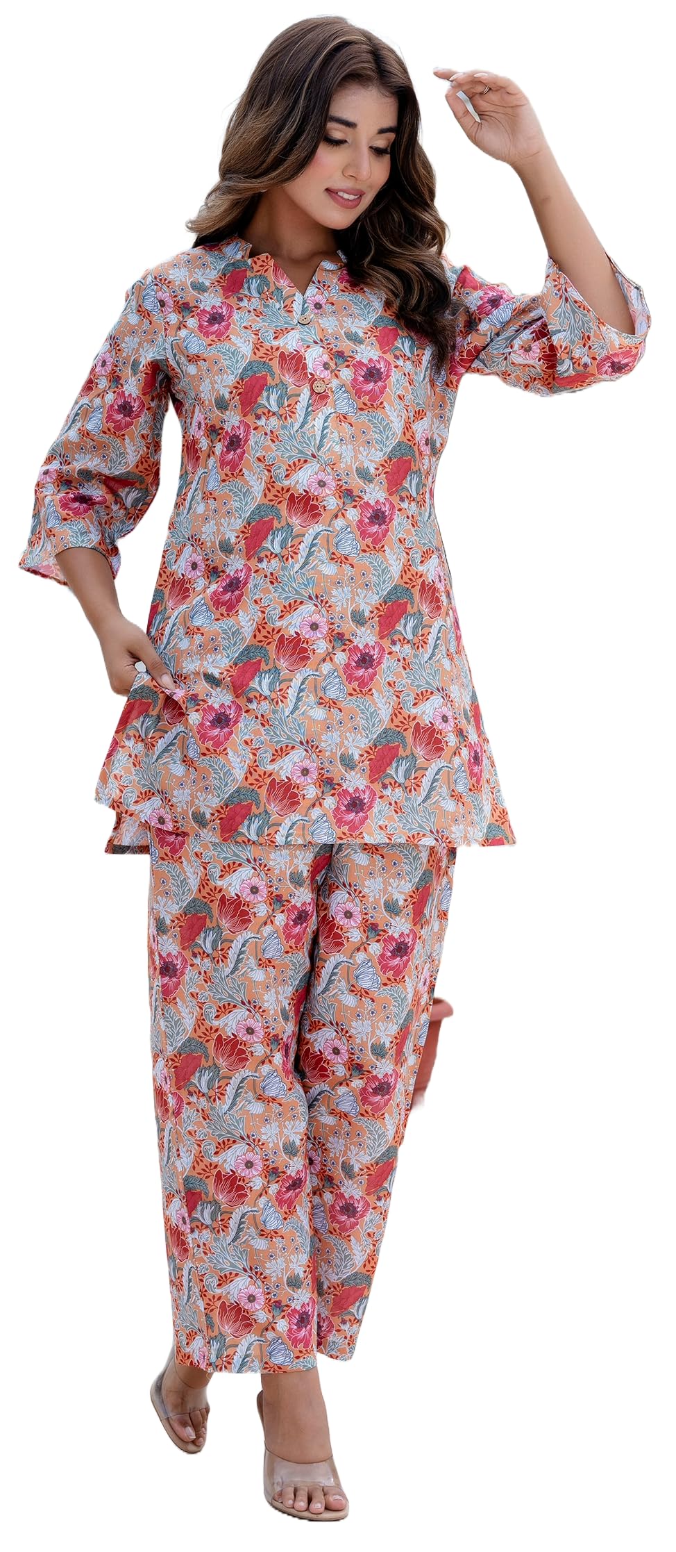 LookMark Womens Trendy Printed Cotton Blend Straight Orange Color Kurta and Palazzo Set (AZ-LM-P1-KS2075 Orange-S)