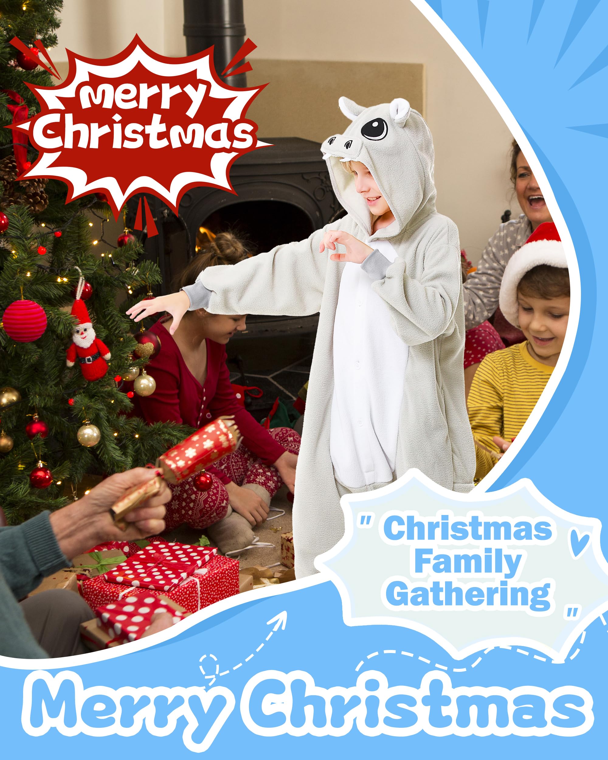 CANASOUR Hippo Onesie Kids Animal Halloween Cosplay Costume for 5T Girls Unisex Outfuit One Piece Hooded Soft Pajamas Grey Party