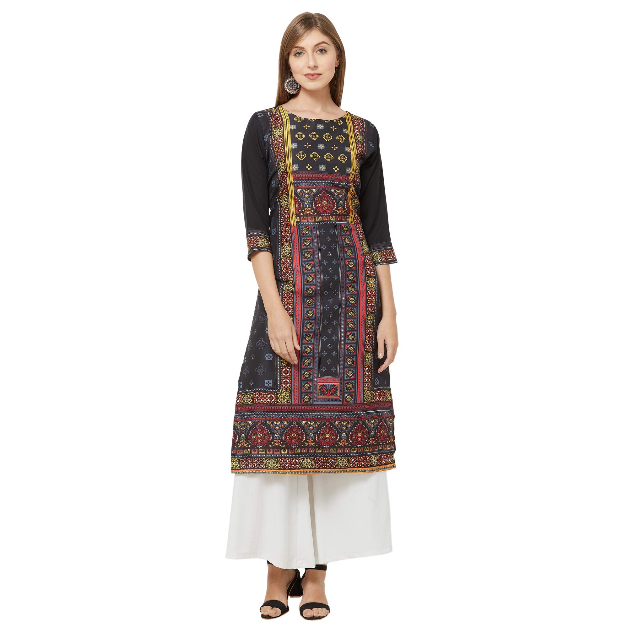 Anni Designer Women'S Multicolor Color Crepe Ethnic Print Straight Calf Length Kurti(Krishna Black-Xxl_Free Size)