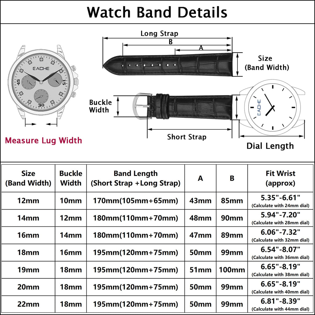 EACHE 19mm Leather Watch Bands, Croco Design Watch Strap for Men Women in Silver Buckle Black