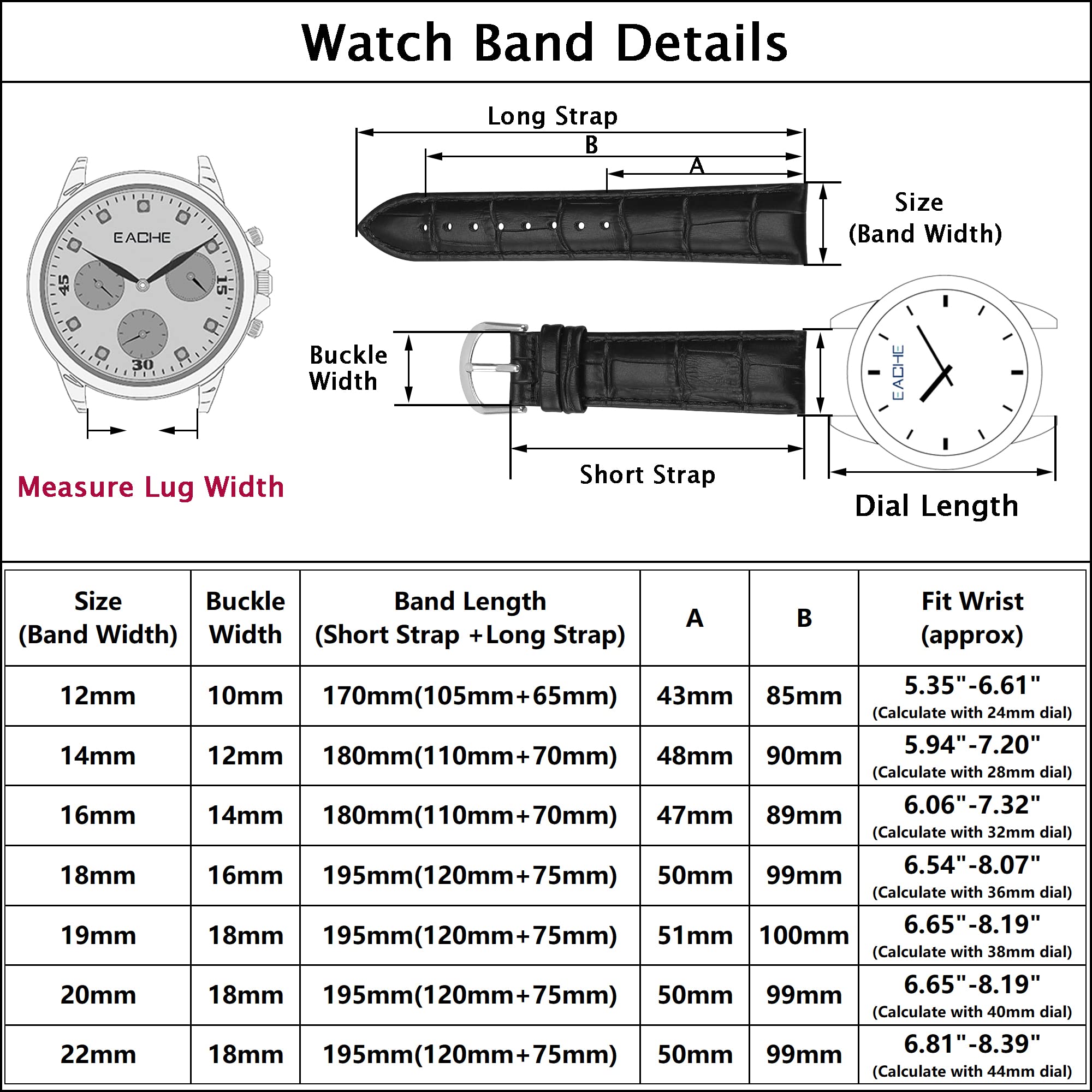 EACHE 19mm Leather Watch Bands, Croco Design Watch Strap for Men Women in Silver Buckle Black