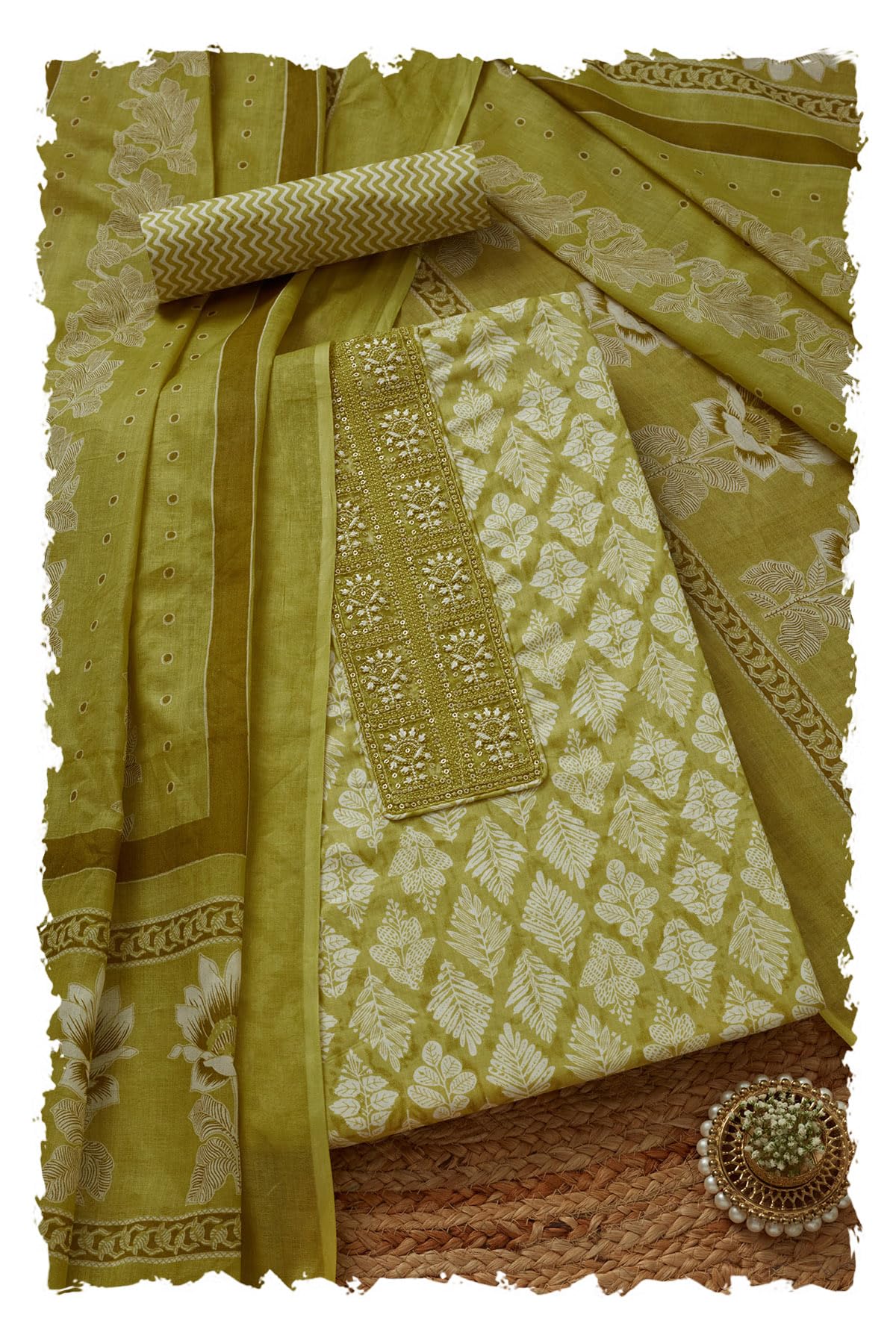 Soch Women Cotton Botanical Print Unstitched Dress Material with Thread Work