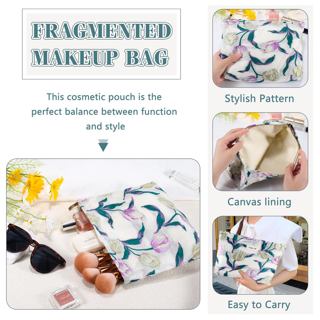 ZLFSRQ Tulip Makeup Bag Travel Cute Purple Flower Floral Cosmetic Bags for Women Large Embroidery Makeup Pouch Zipper Cosmetic P