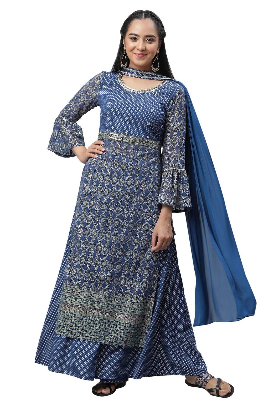 Aurelia Women Bright Blue Polyester Straight Kurta, Palazzos, Dupatta Suit Set_23Auas13830-507590