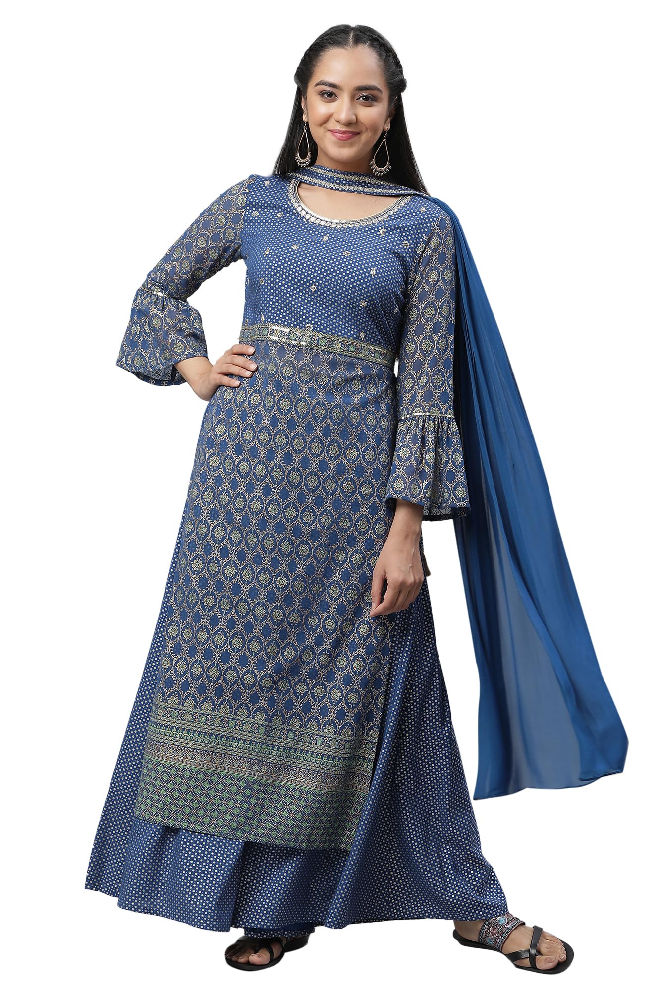 Aurelia Women Bright Blue Polyester Straight Kurta, Palazzos, Dupatta Suit Set_23Auas13830-507590