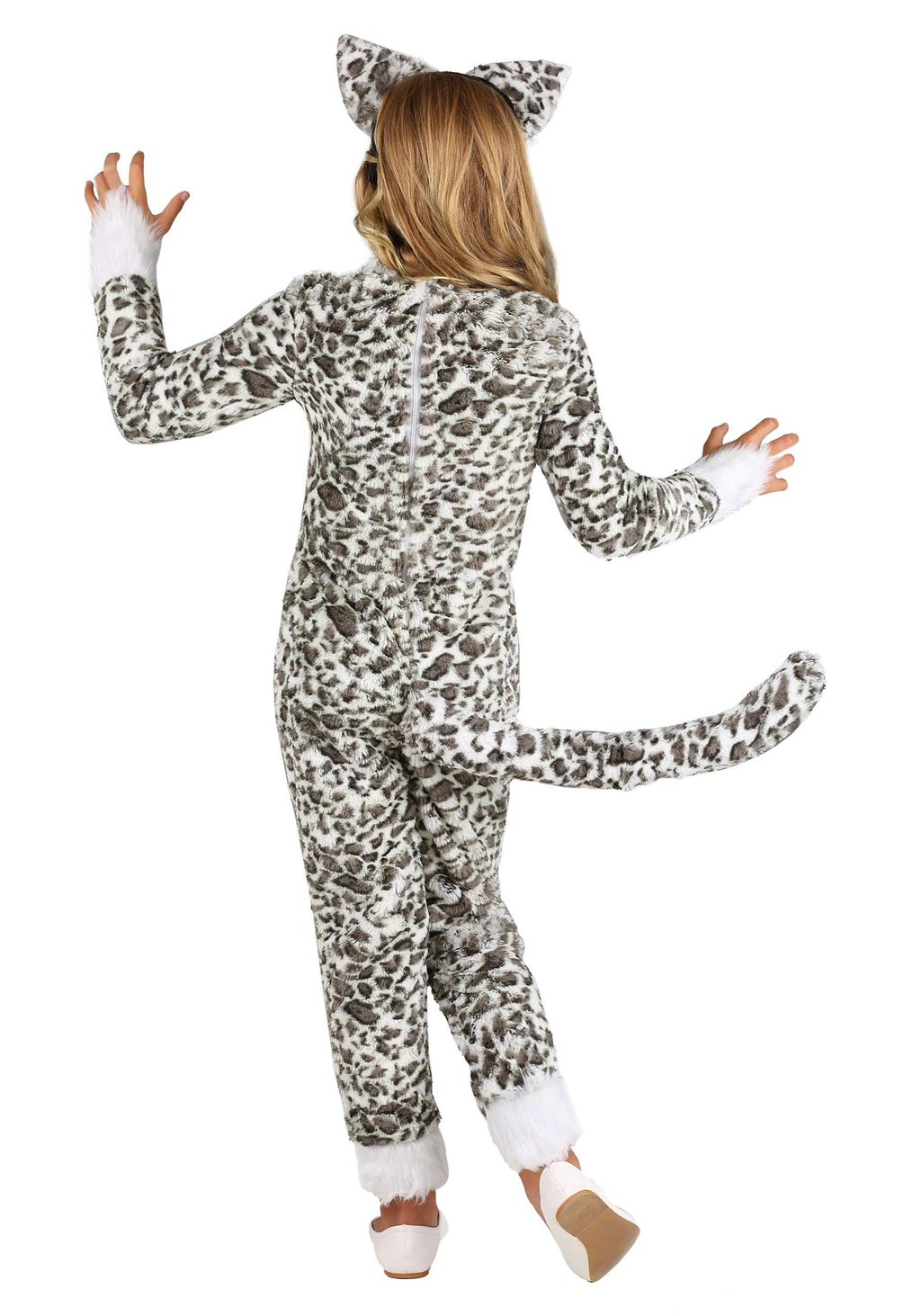 Kids Spotted Snow Leopard Costume Girls, White Faux Fur Animal Cute Cat Jumpsuit Halloween Outfit