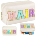 JOINDO Preppy Patch Makeup Bag, Chenille HAIR Letter Cosmetic Bag,PU Leather Skincare Toiletry Bag, Portable Makeup Bag with Var