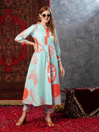 ANNI DESIGNER Ladies Cotton Blend Printed Kurta With Co-Ord Pants Set, Orange, XL
