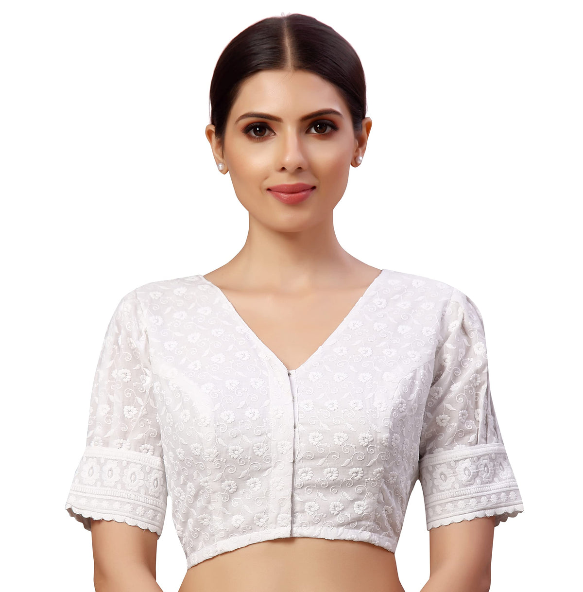 Studio Shringaar WomenS Readymade Chikankari Saree Blouse With Puff Sleeves (White, 44) 44