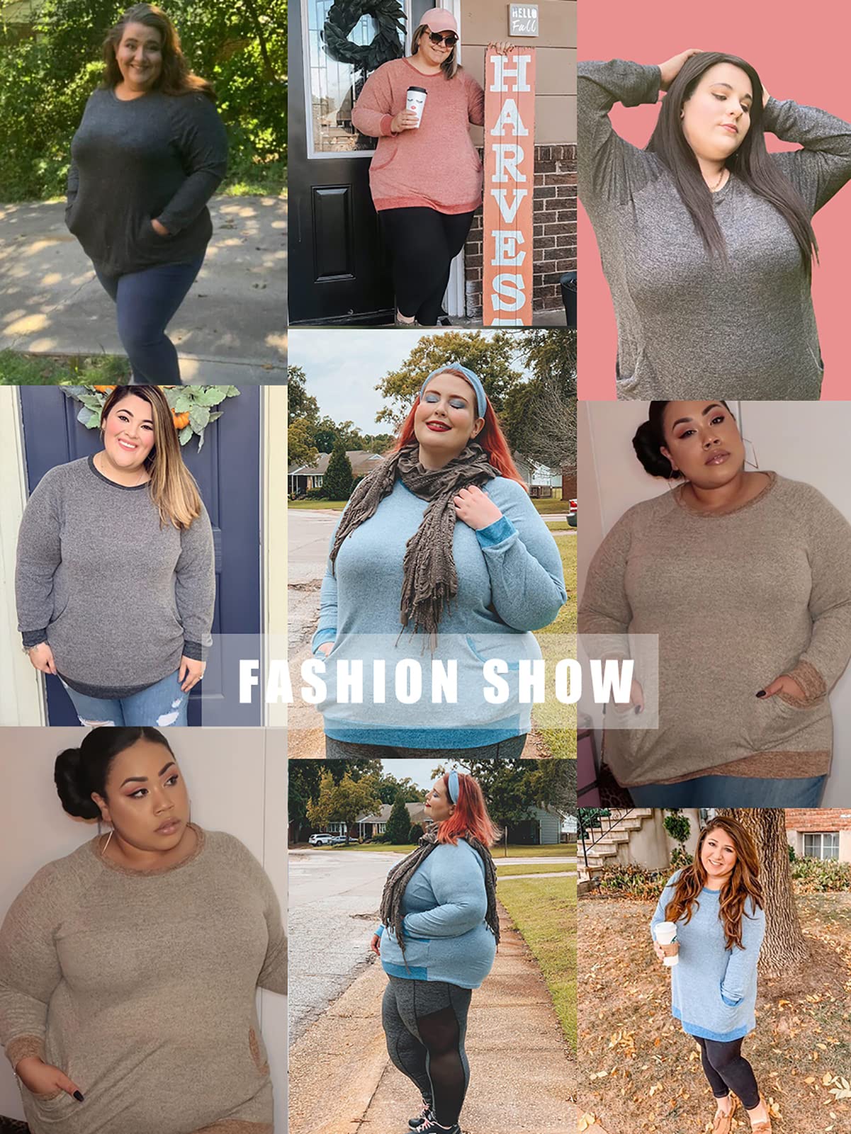 DOLNINE Womens Plus Size Tops Color Block Pocket Sweatshirts Long Sleeve Tunics Blue-16W