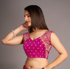 Pujia Mills WomenS Sequin Embroidered V Neck Sleeveless Pink Readymade Saree Blouse Indian Ethnic Stitched Padded Blouses For W