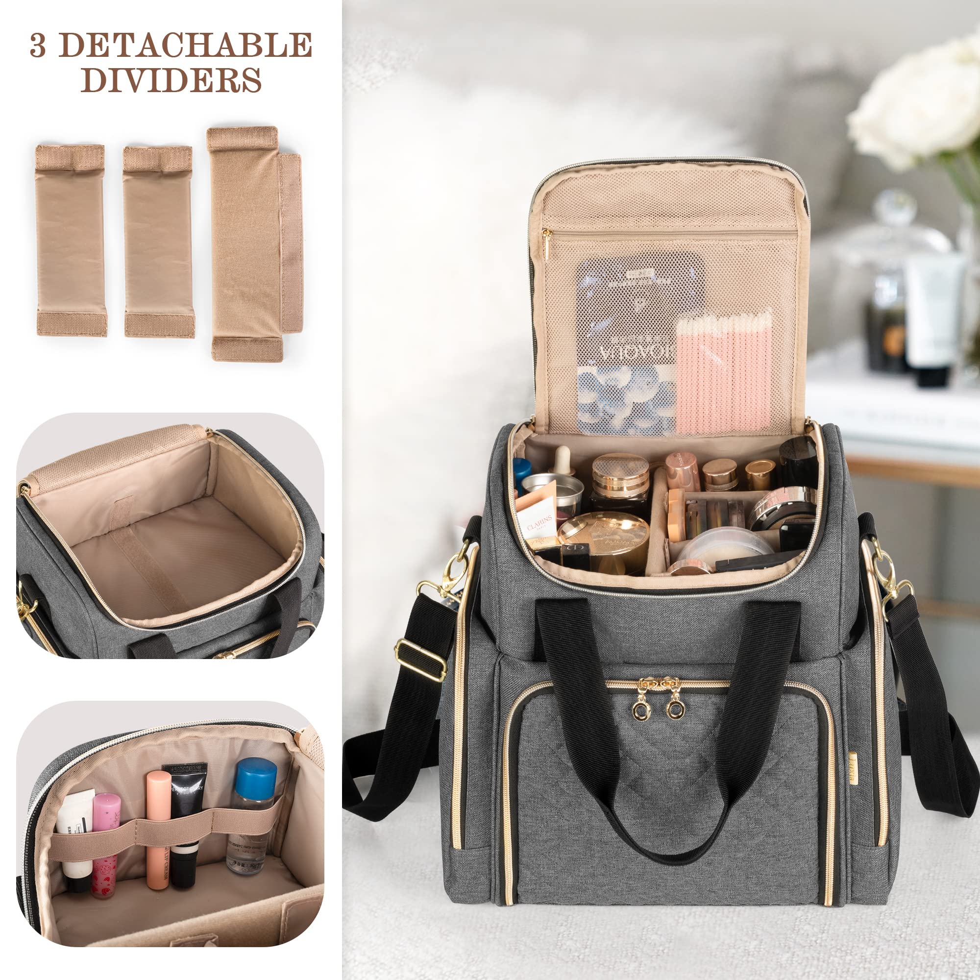 LUXJA Travel Makeup Bag with 2 Removable Cases, Cosmetic Bag with Multiple Storage Sections (Patent Pending)