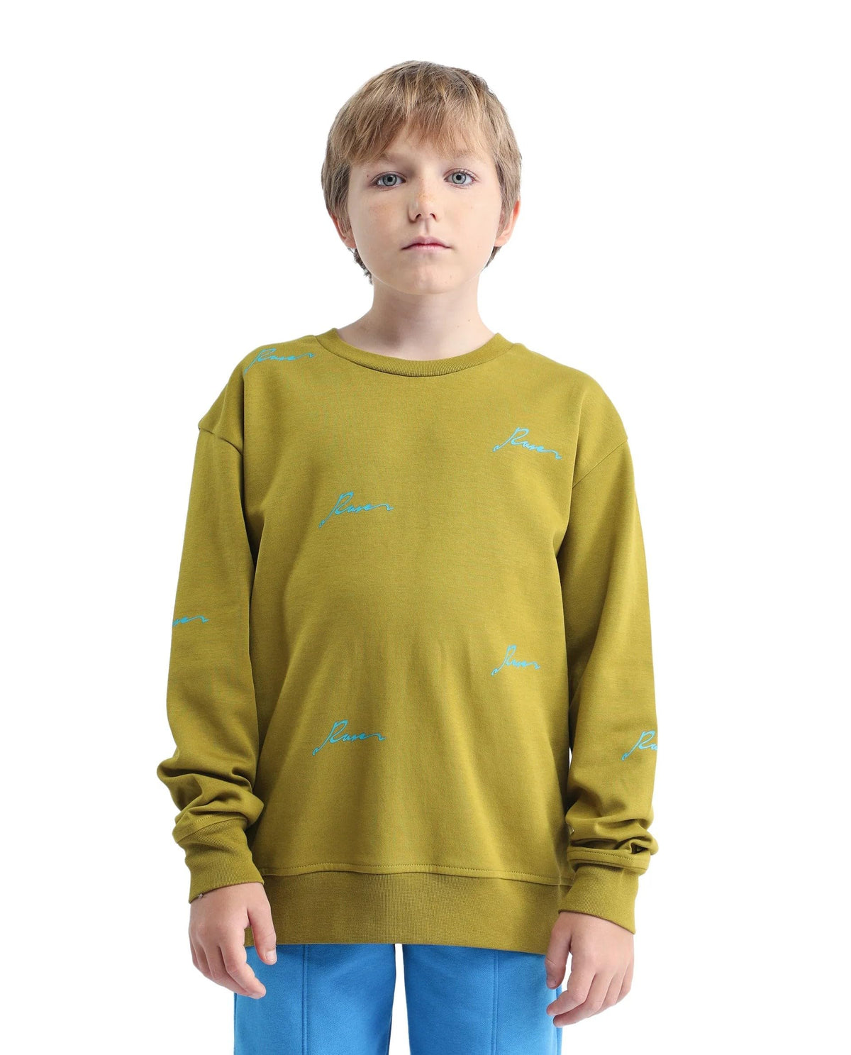 Rare Ones Kids Criz Olive Cotton Blend All Over Print Oversized Sweatshirt, Olive, 1314Y 13-14