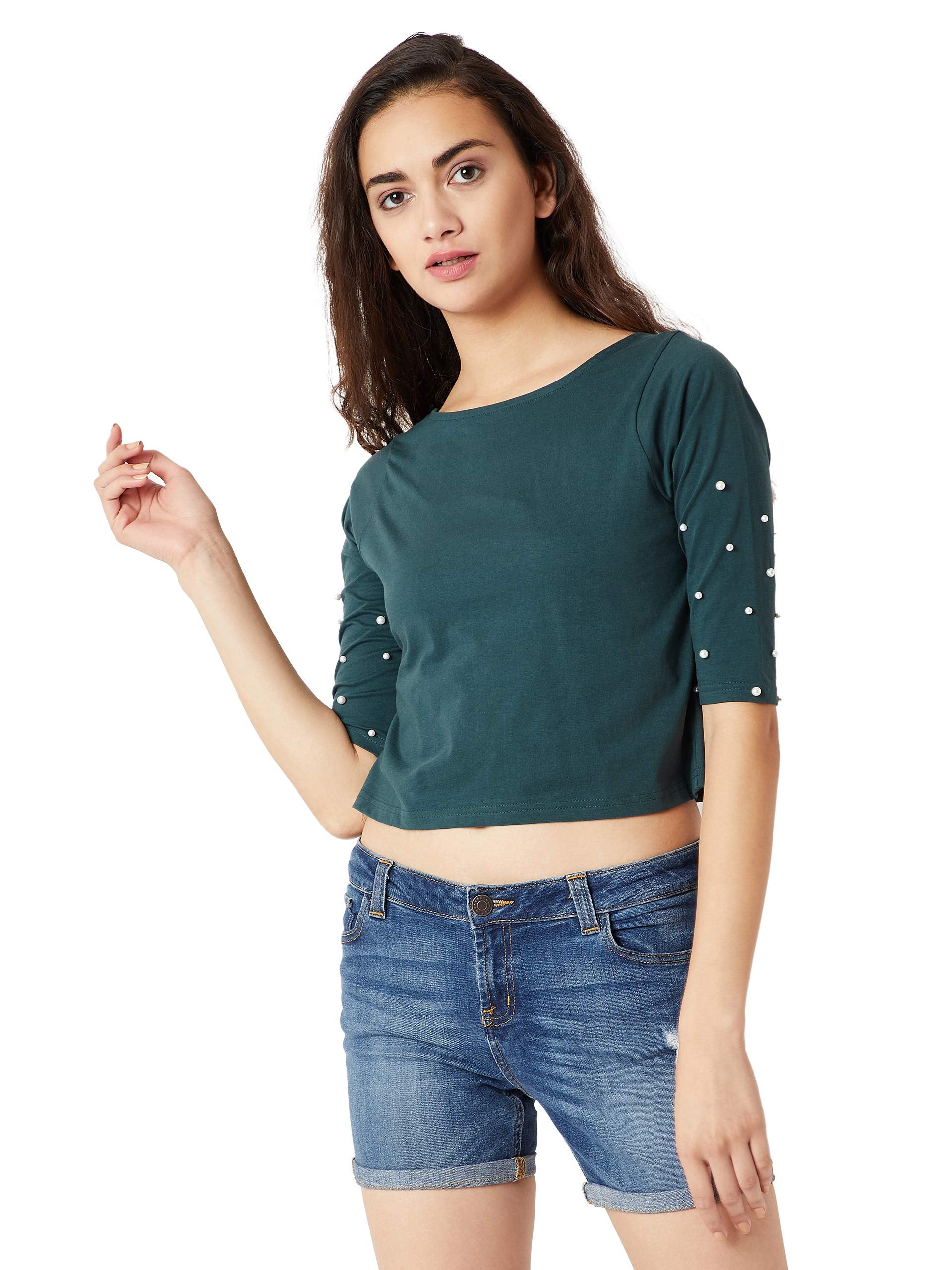 Miss Chase WomenS Green Pearl Crop Top(Mcaw18Tp11-72-48-06_Green_X-Large)