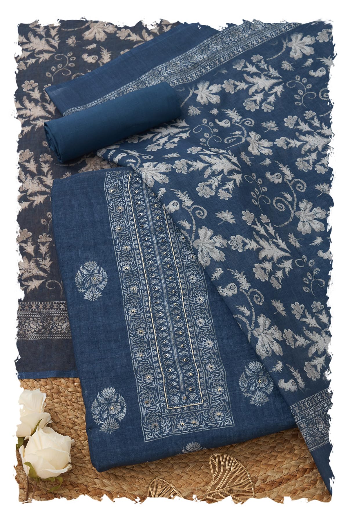 Soch Women Linen Botanical Dress Material with Sequins
