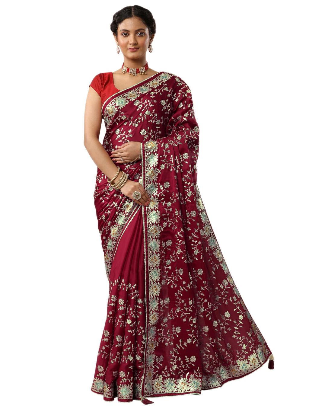 Libas Embroidered Satin Saree With Unstitched Blouse Piece