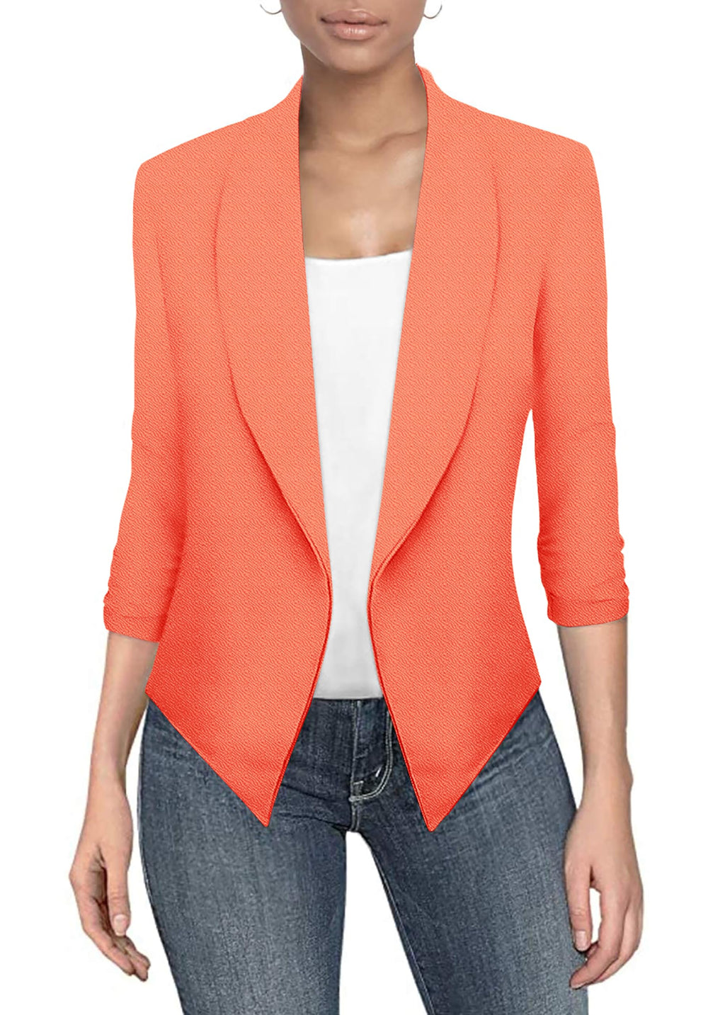 Womens casual Work Office Open Front Blazer Jacket with Removable Shoulder Pads JK1133X NEON coral 1X