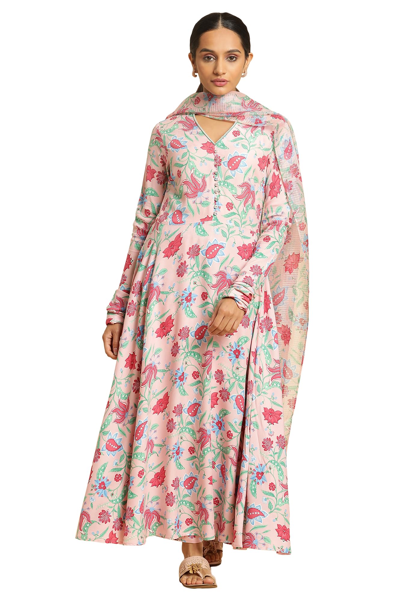 W For Woman Flamingo Pink Floral Printed Anarkali Kurta, Pants And Dupatta Set (Size: 3Xl)-23Auws19756-121544