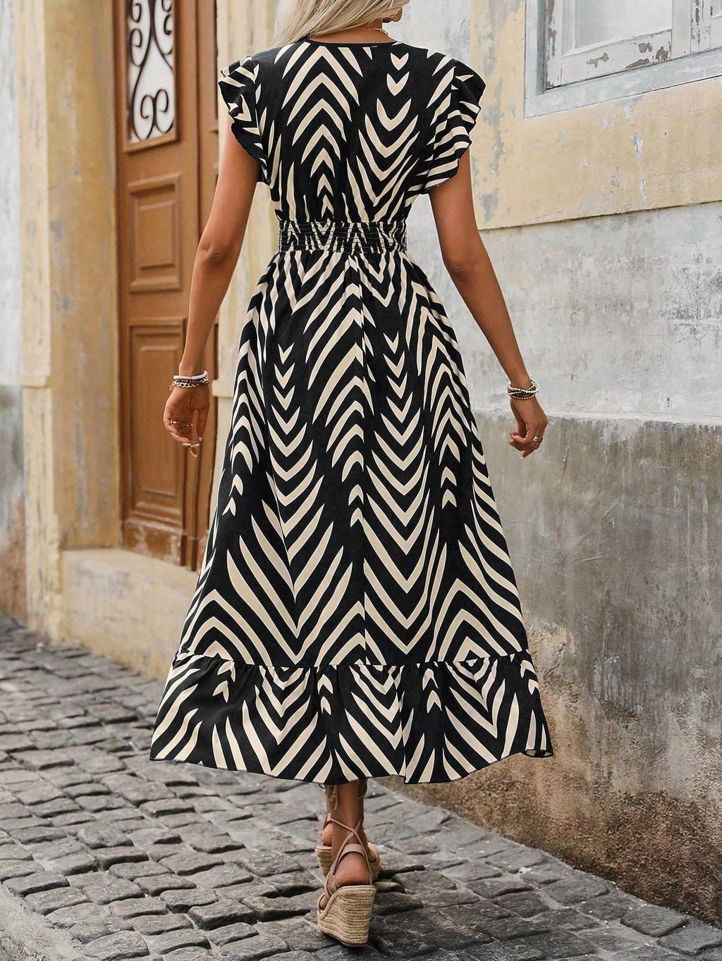 Shasmi WomenS & GirlS Black V-Neck Striped Printed Dress With Ruffled Hem And Belted Waist For Vacation, One Piece Dress For W