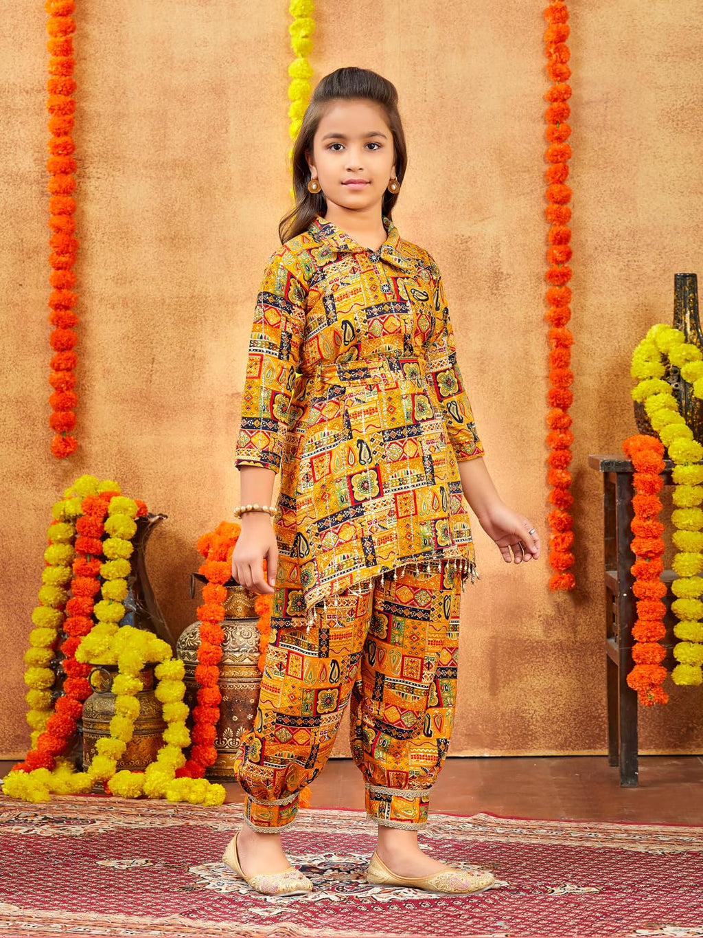 Aarika Girls Ethnic Wear Mustard Colour Abstract Printed Cotton Kurti Patiala Set With Belt (4-10 Years)