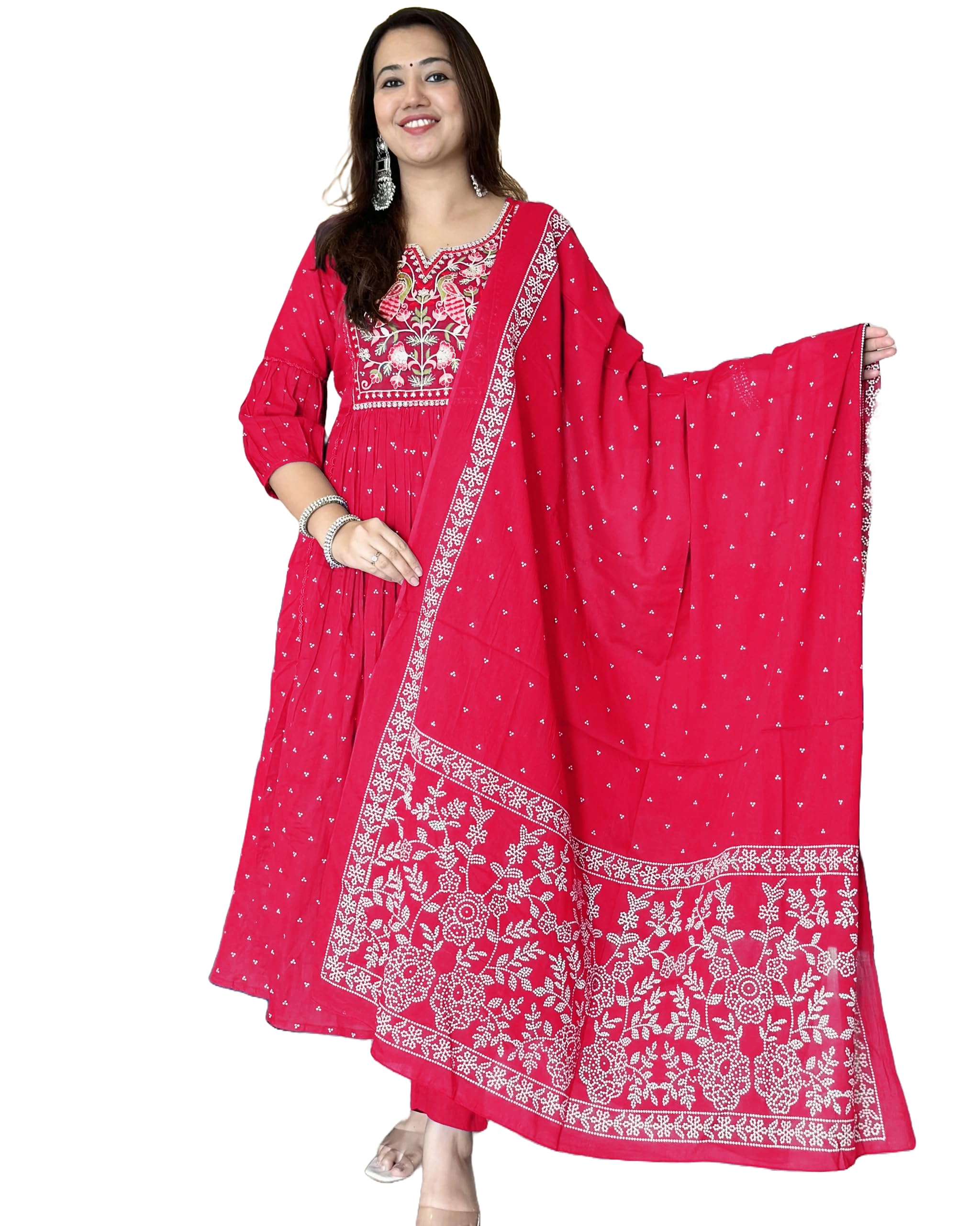 ANNI DESIGNER Womens Rayon Viscose Embroidered Anarkali Kurta with Pant & Dupatta (Kanota Pink-VKS05_XL_Pink_X-Large)