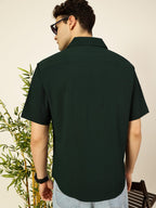 Thomas Scott Regular Fit Self Design Textured Cuban Collar Casual Shirt for Mens Bottle Green