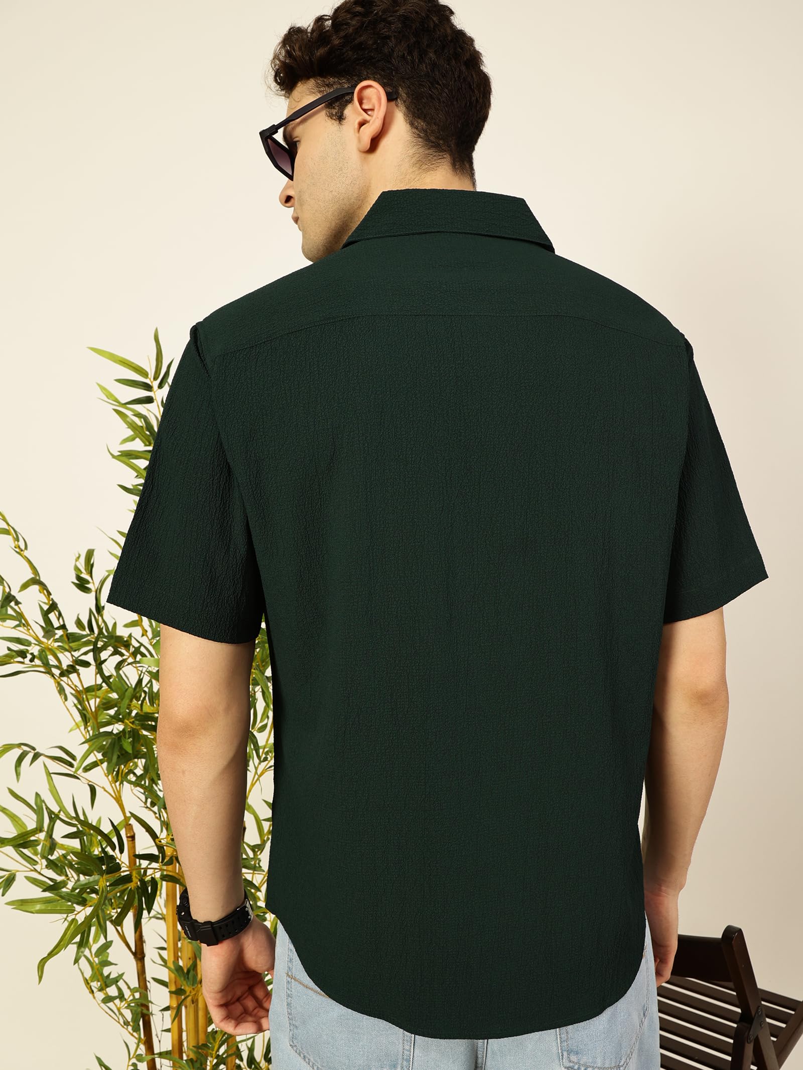 Thomas Scott Regular Fit Self Design Textured Cuban Collar Casual Shirt for Mens Bottle Green