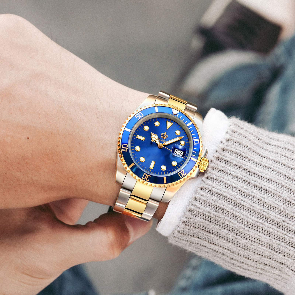 FANMIS Mens Luxury Watches Ceramic Bezel Mineral Glass Luminous Quartz Silver Gold Two Tone Stainless Steel Watch (Gold Blue)