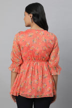 Aurelia Orange Floral Printed Printed Synthetic Regular Kurti For Women