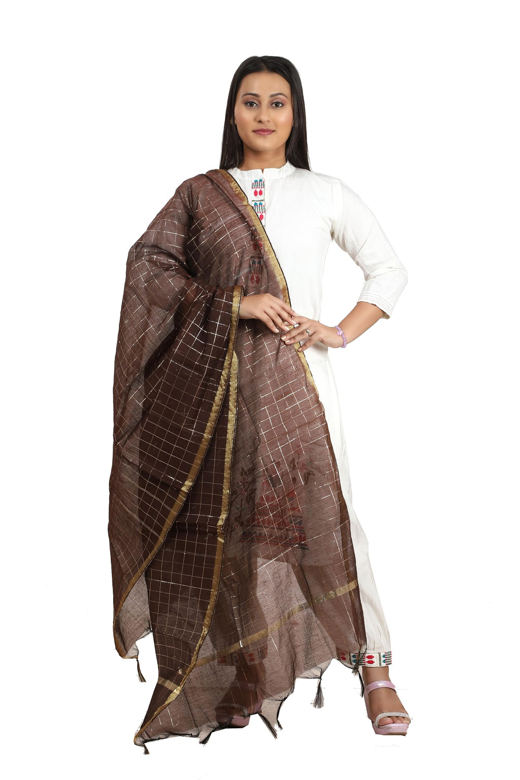 Fabme Women'S Silk Blend Checkered Dupatta With Embellish Golden Border Chocolate, Free Size
