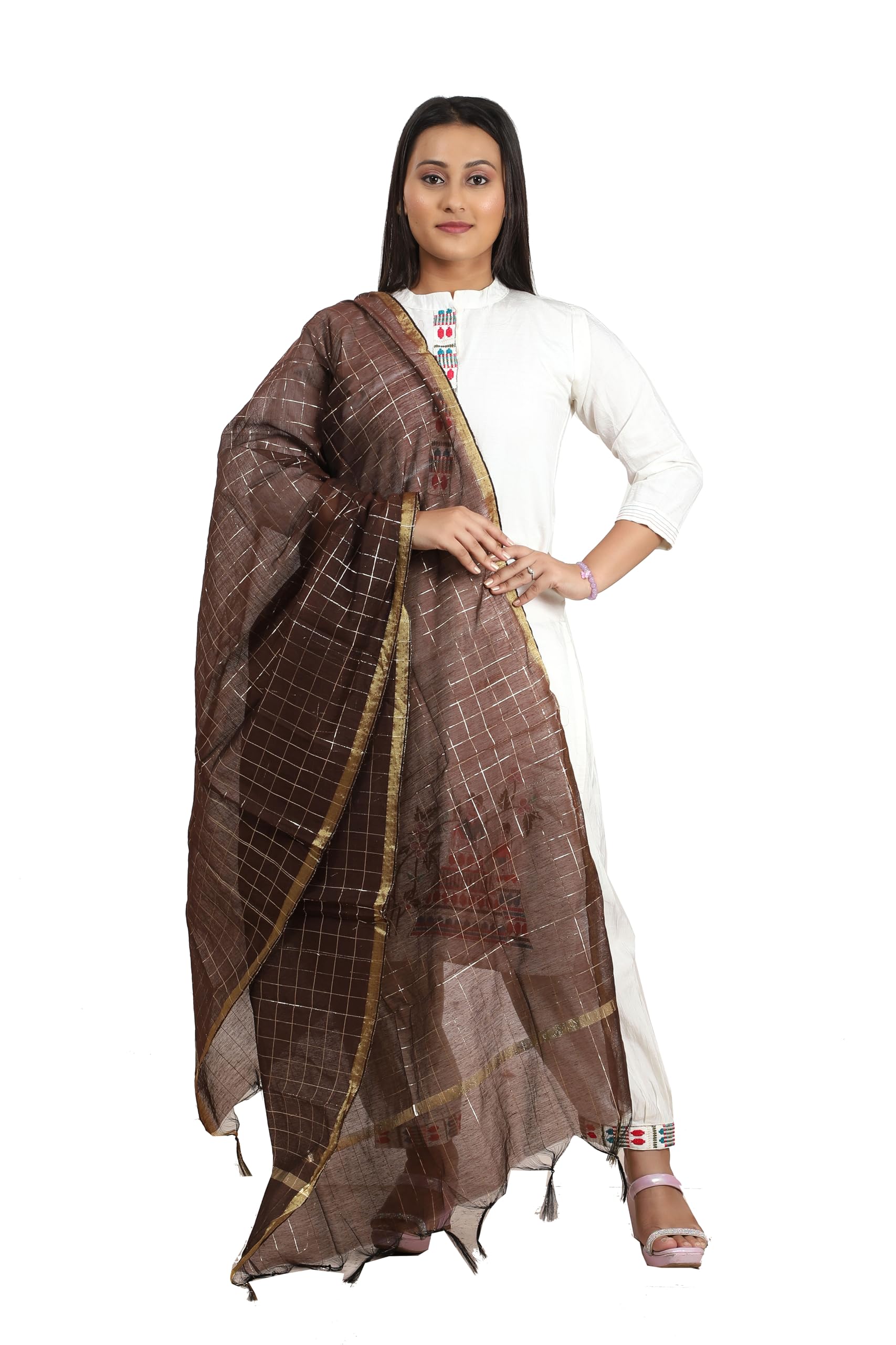 Fabme Women'S Silk Blend Checkered Dupatta With Embellish Golden Border Chocolate, Free Size