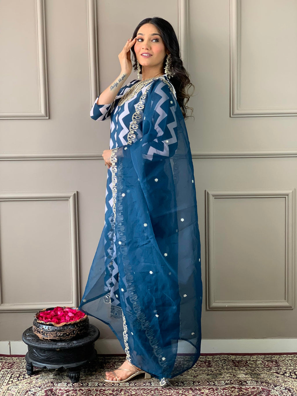 Naixa Womens French Crepe Embroidery Printed Straight Kurta with Pant and Dupatta Sets
