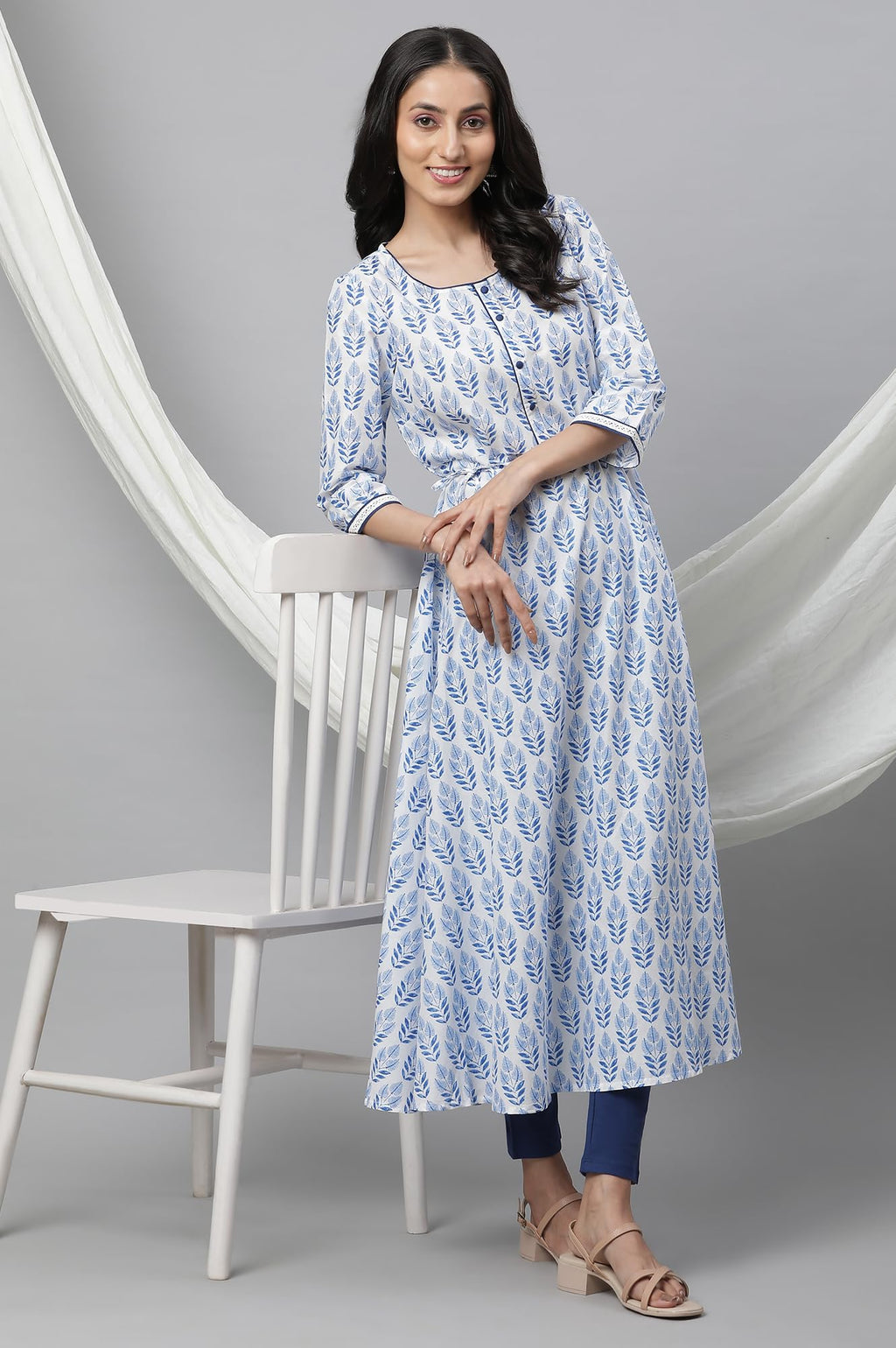 Aurelia White Leaf Print Cotton Anarkali Kurta For Women