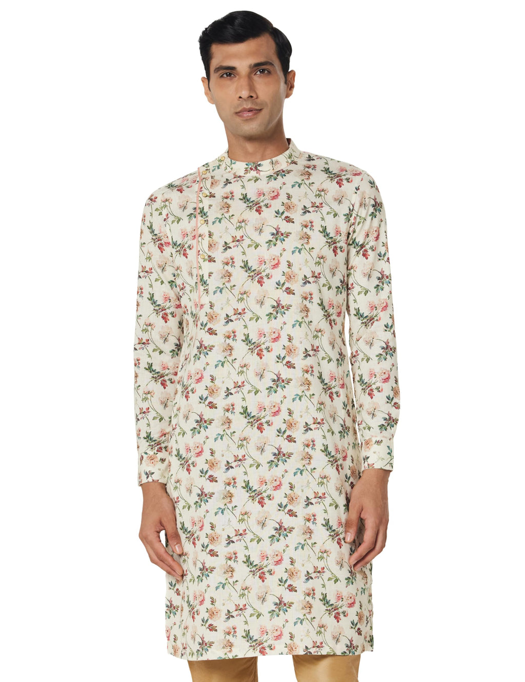 Manyavar Floral Print Full Sleeves Side Opening Casual Wear Kurta For Men - (Cream, X-Large)