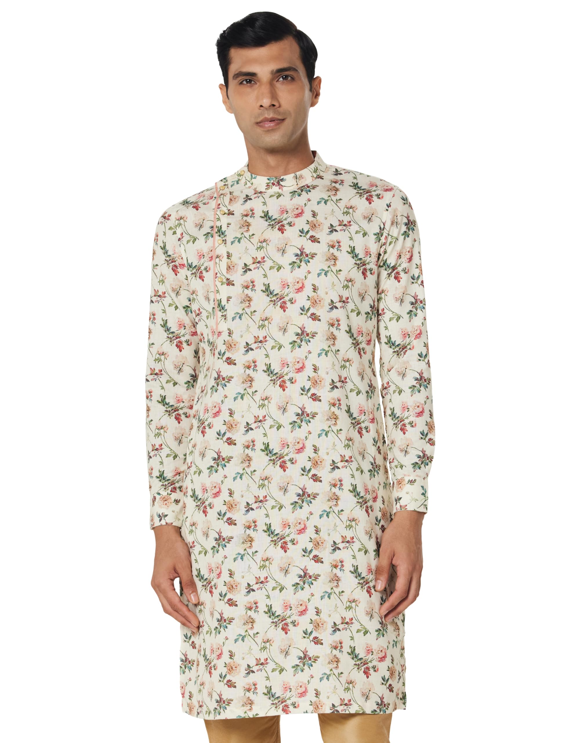Manyavar Floral Print Full Sleeves Side Opening Casual Wear Kurta For Men - (Cream, X-Large)