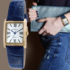 Peugeot Women's 14K Gold Plated Tank Leather Dress Watch with Roman Numerals Dial, Blue