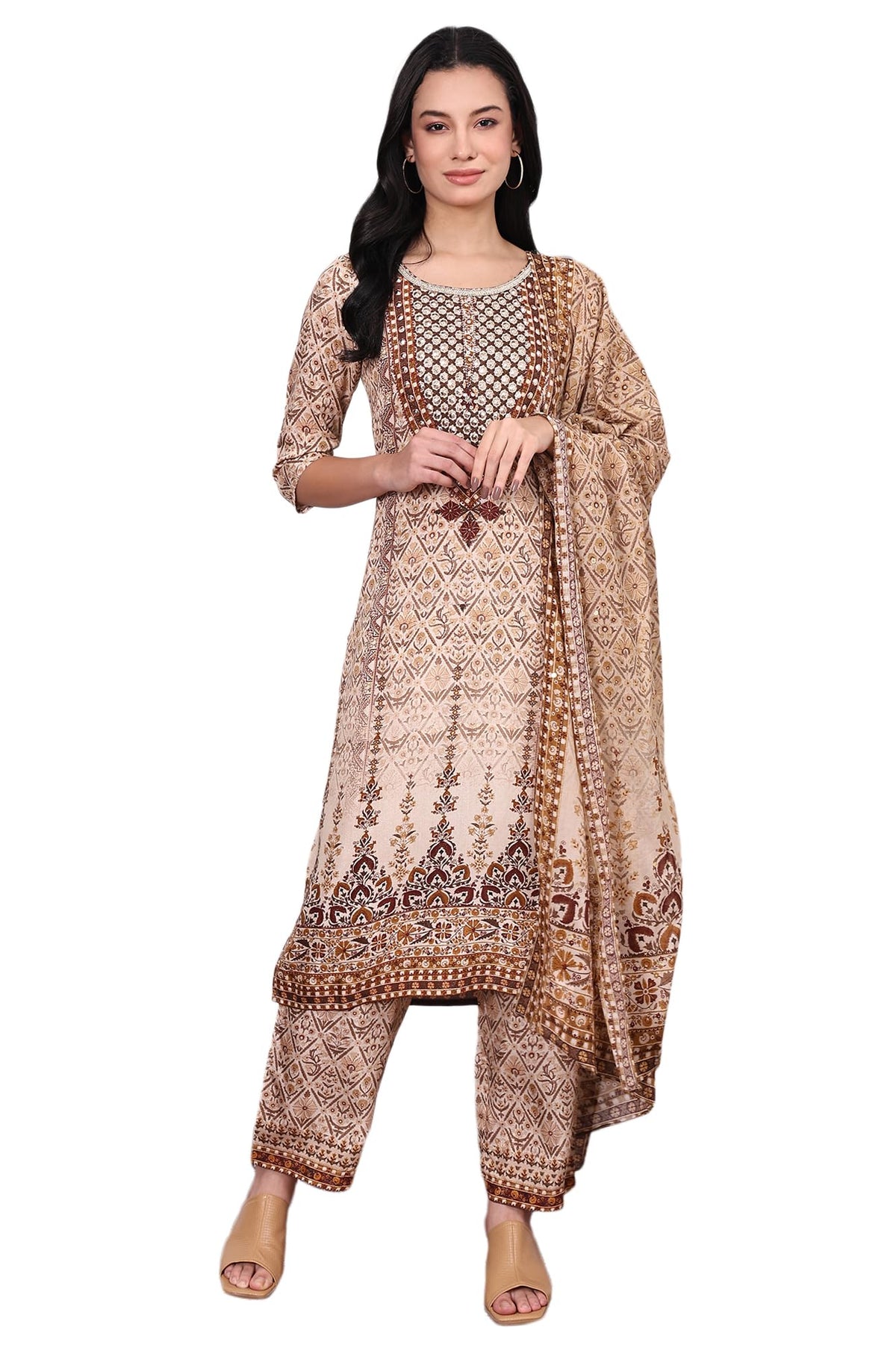 Aurelia Womens Beige Abstract Printed Beaded Cotton Straight Kurta, Palazzo and Dupatta Set (Size: M)-AS16247-509676