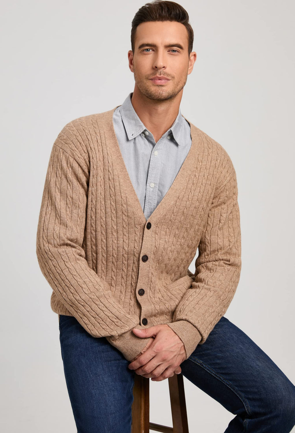 Kallspin Men's Cardigan Sweater Cashmere Wool Blend Cable Knit V Neck Buttons Cardigan with Pockets(Coffee, 3X-Large)