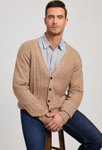 Kallspin Men's Cardigan Sweater Cashmere Wool Blend Cable Knit V Neck Buttons Cardigan with Pockets(Coffee, 3X-Large)