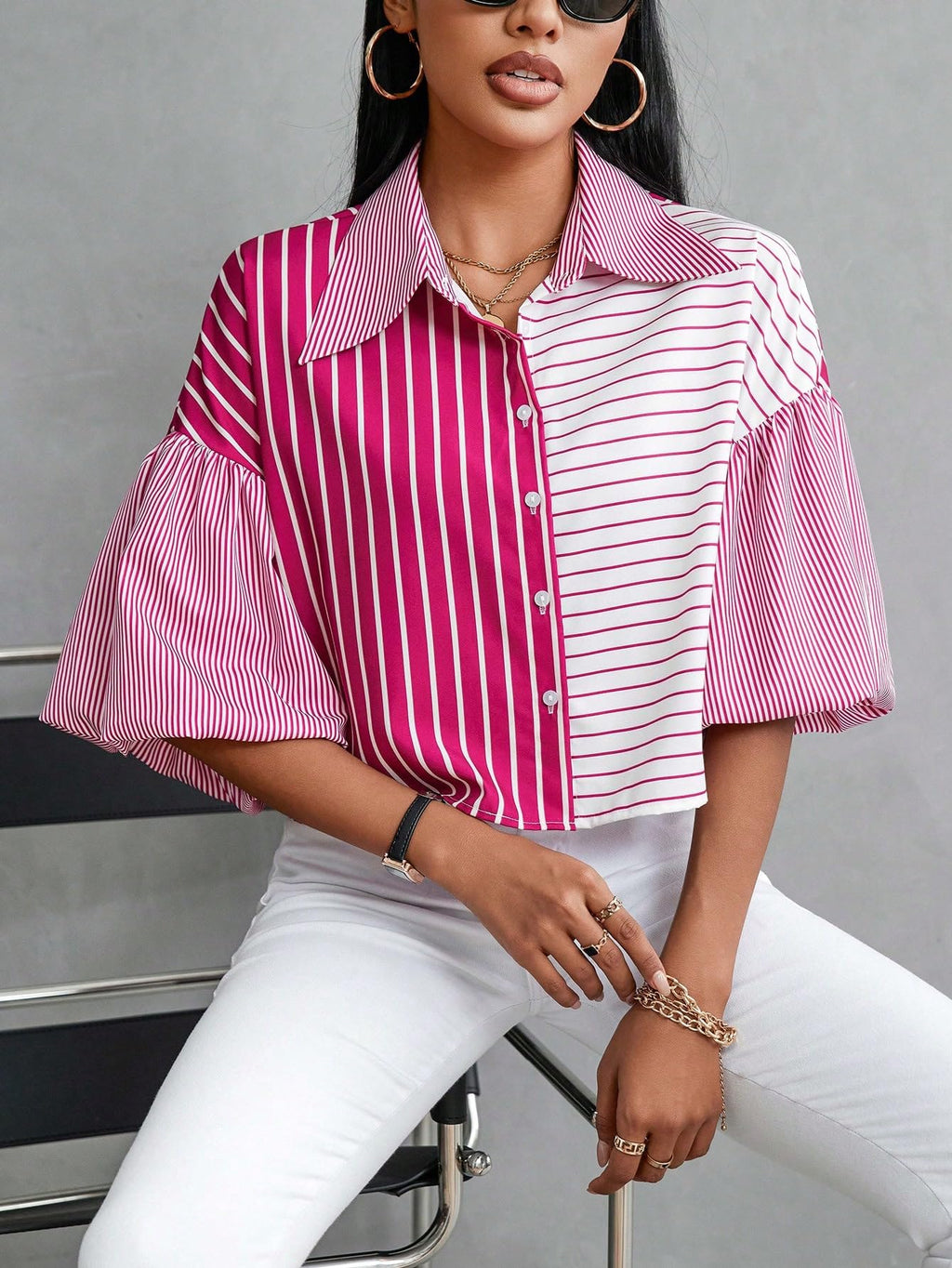 Shasmi Womens Random Striped Print Button Up Casual Shirt with Lapel Collar, Womens Fashion Striped Design Versatile Short Bat