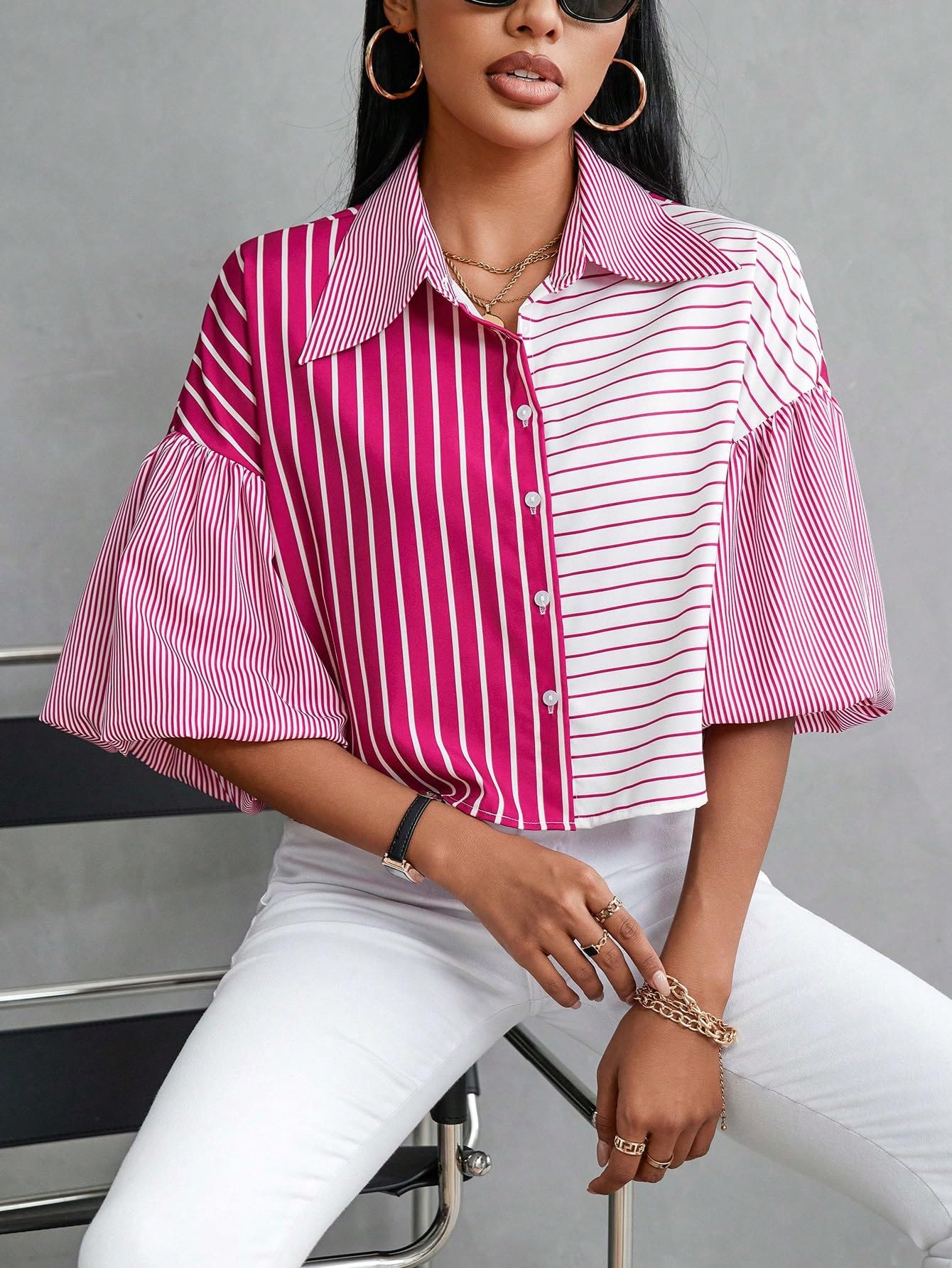 Shasmi Womens Random Striped Print Button Up Casual Shirt with Lapel Collar, Womens Fashion Striped Design Versatile Short Bat