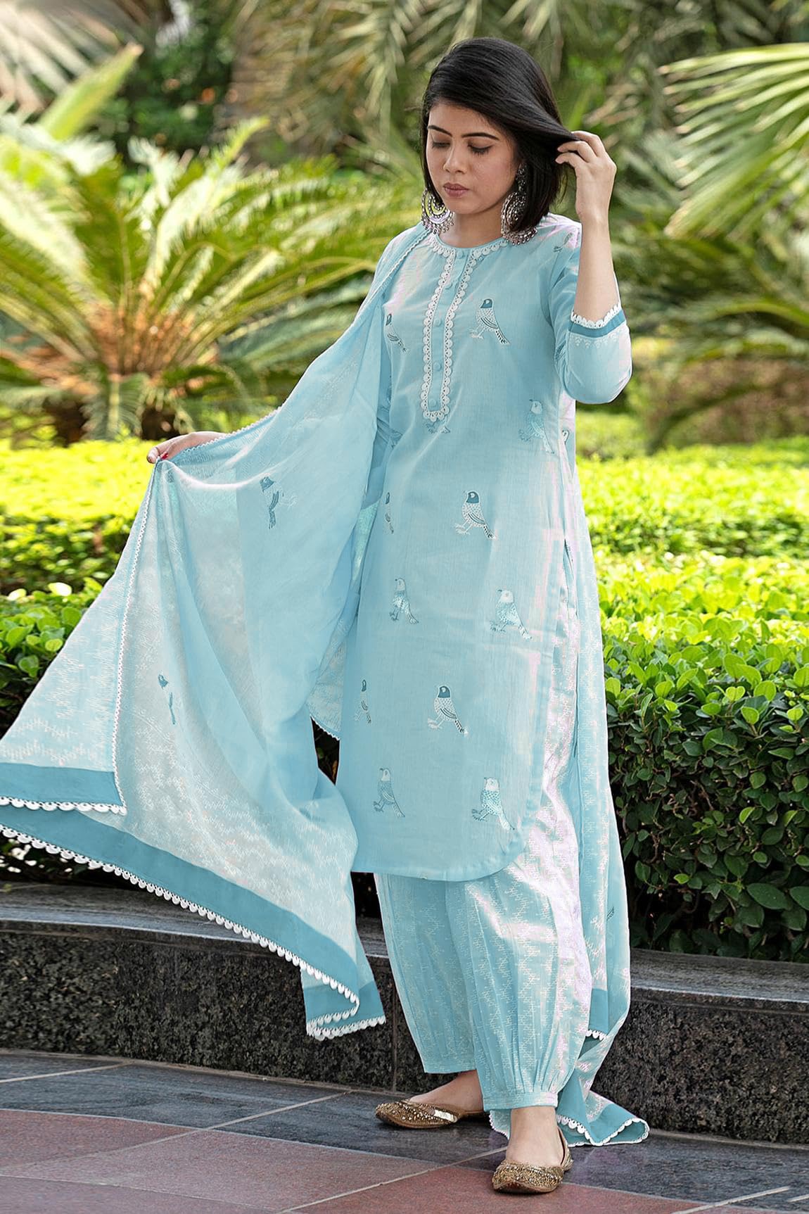 ANNI DESIGNER Women s Rayon Blend Kurta with Pants and Dupatta, Sky blue, M