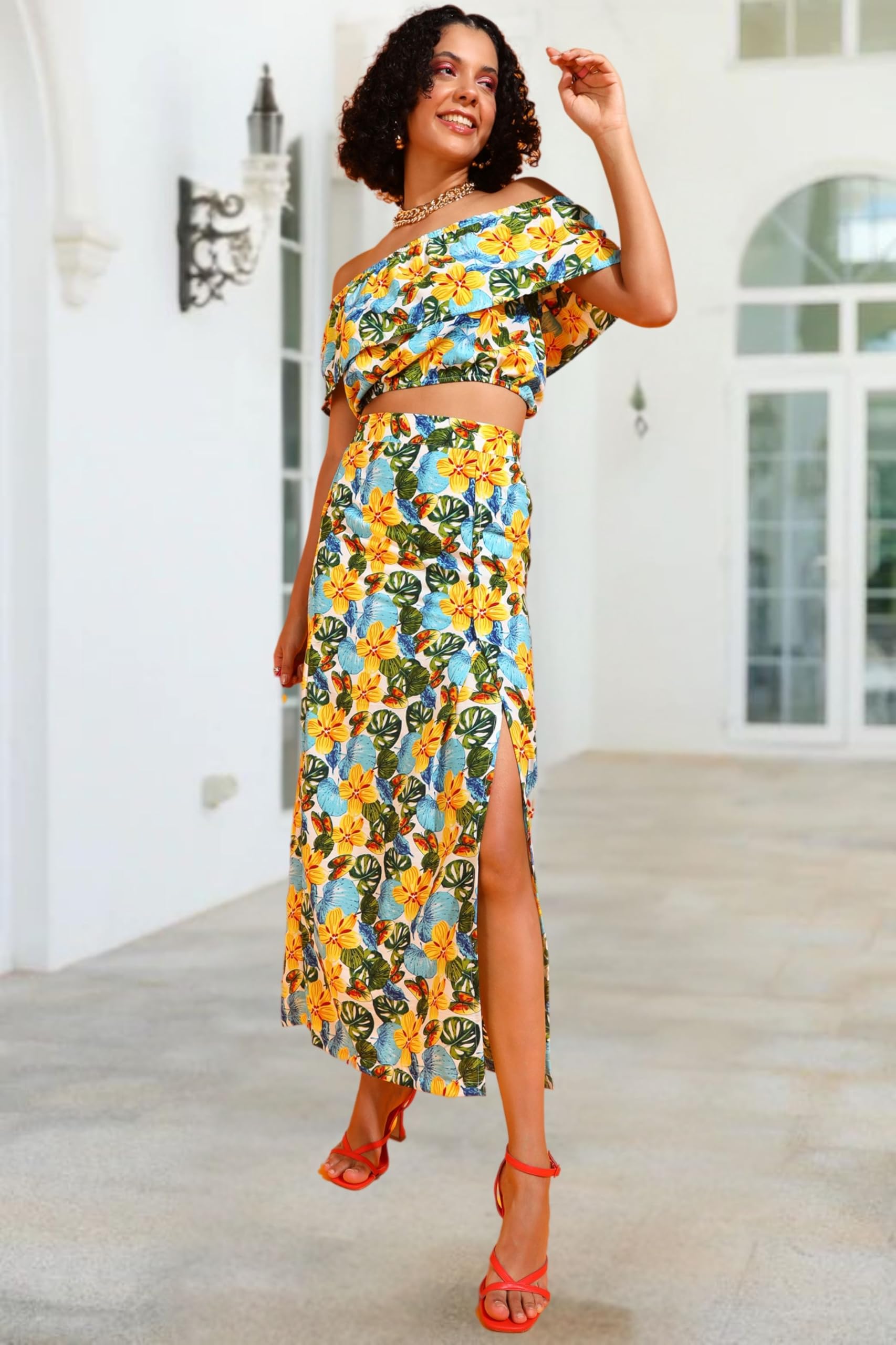POPWINGS Casual Floral Printed Off-Shoulder Crop Top and Long Slit Skirt Co-Ord Set for Women || Co-Ords Set for Women Stylish W