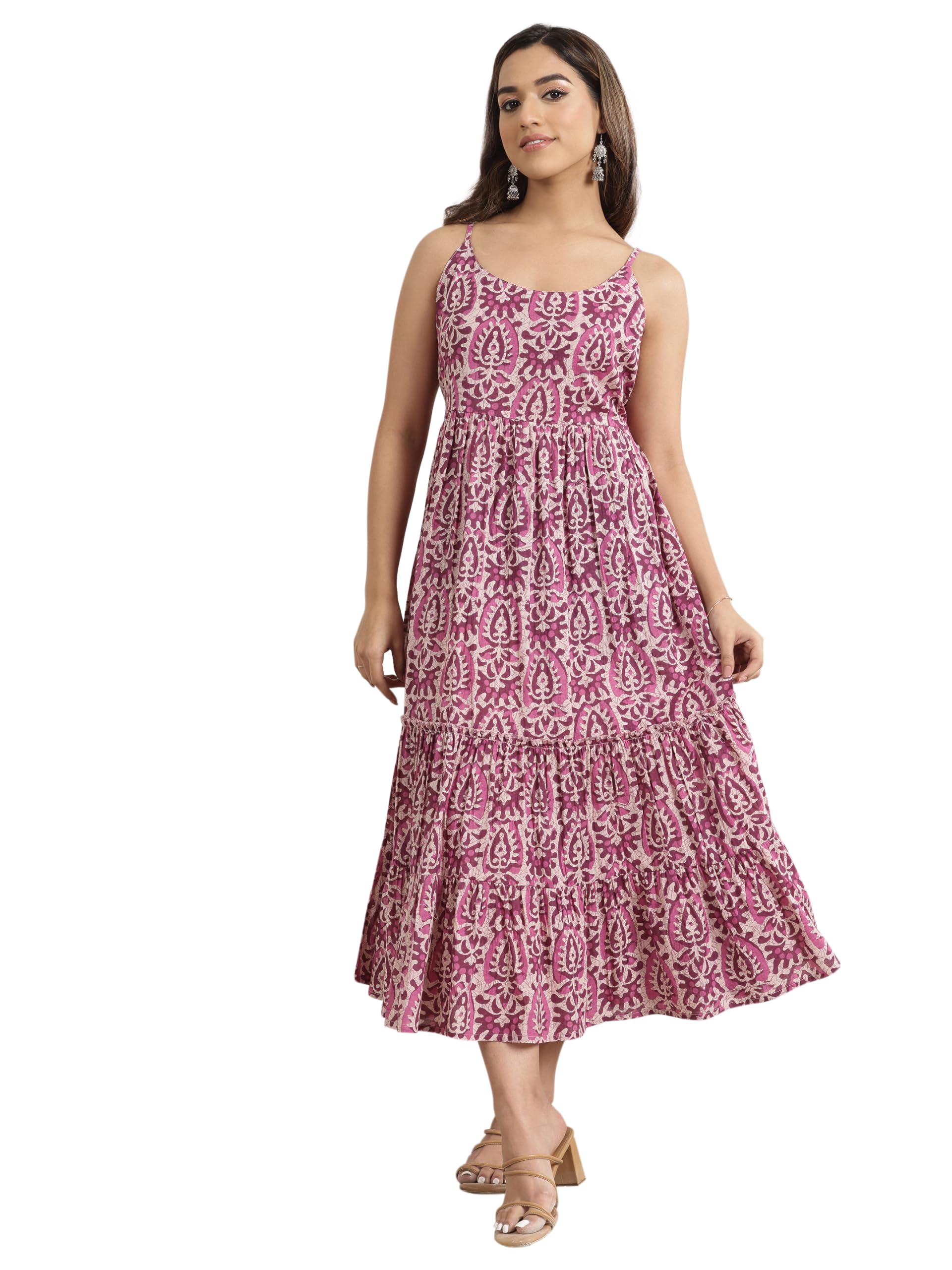 Mauve Ethnic Motif Printed Layered fit and Flared Sleeveless Dress (29438ORXL)